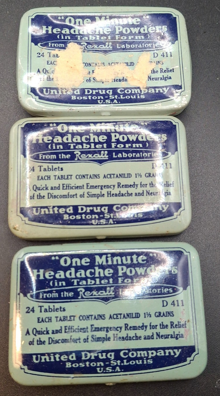 Vintage Rexall Headache Powder Tins Set 3 United Drug Co Pharmacy Advertising Vintage Rexall Headache Powder Tins Set 3 United Drug Co Pharmacy Advertising