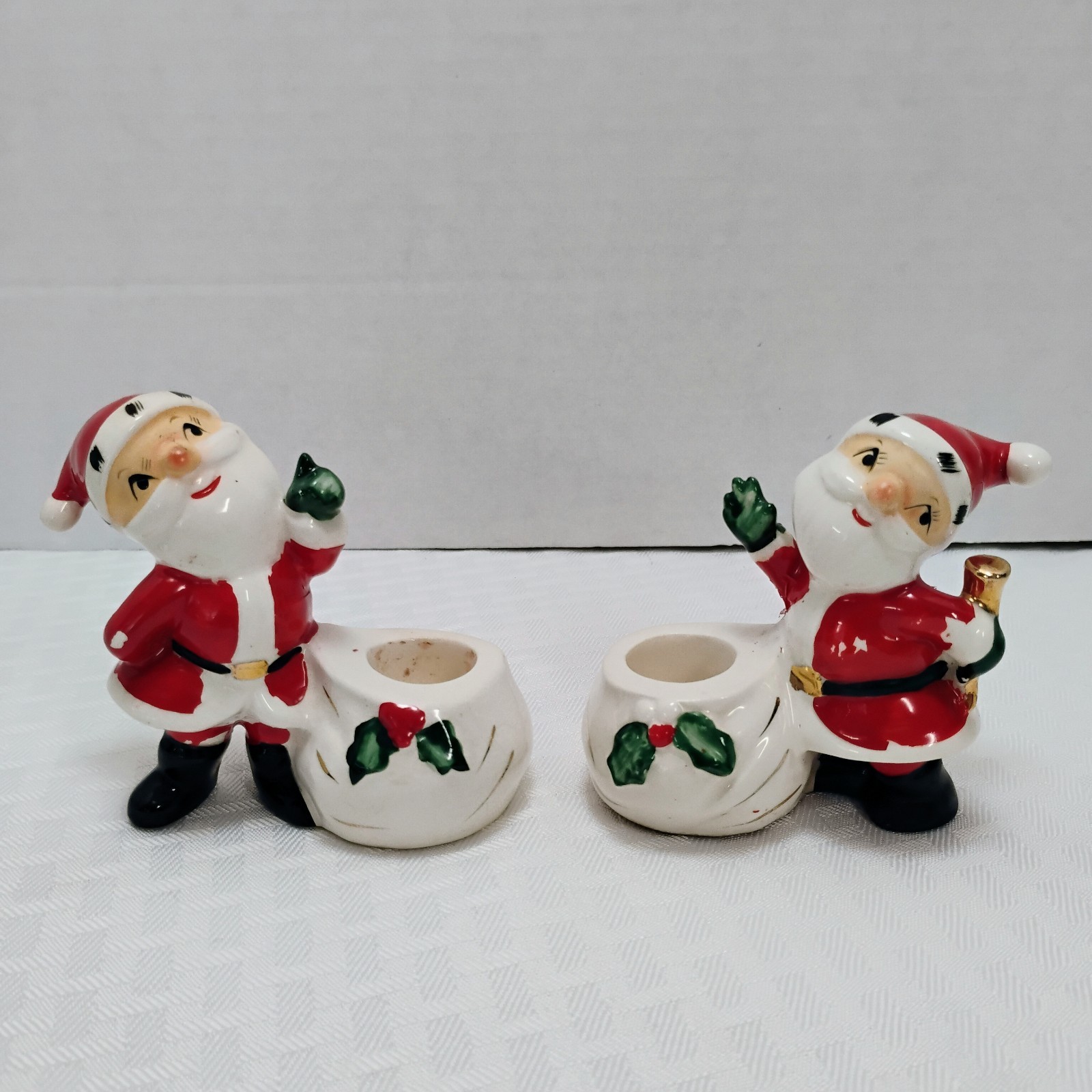 Vtg 1958 Holt Howard Santa Candle Holder Set Japan Stamped + HH Original Sticker