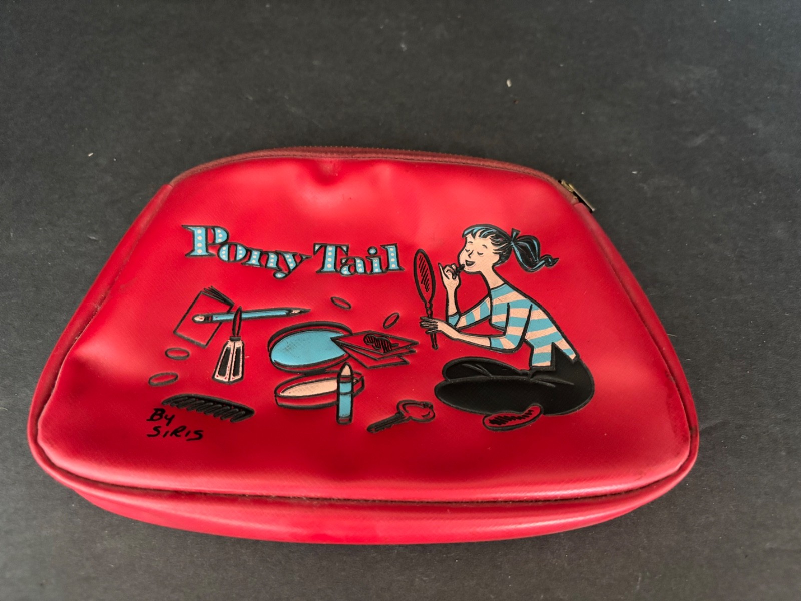 Vintage 1950\'s Ponytail Date Line Siris Related Red Vinyl zippered makeup bag