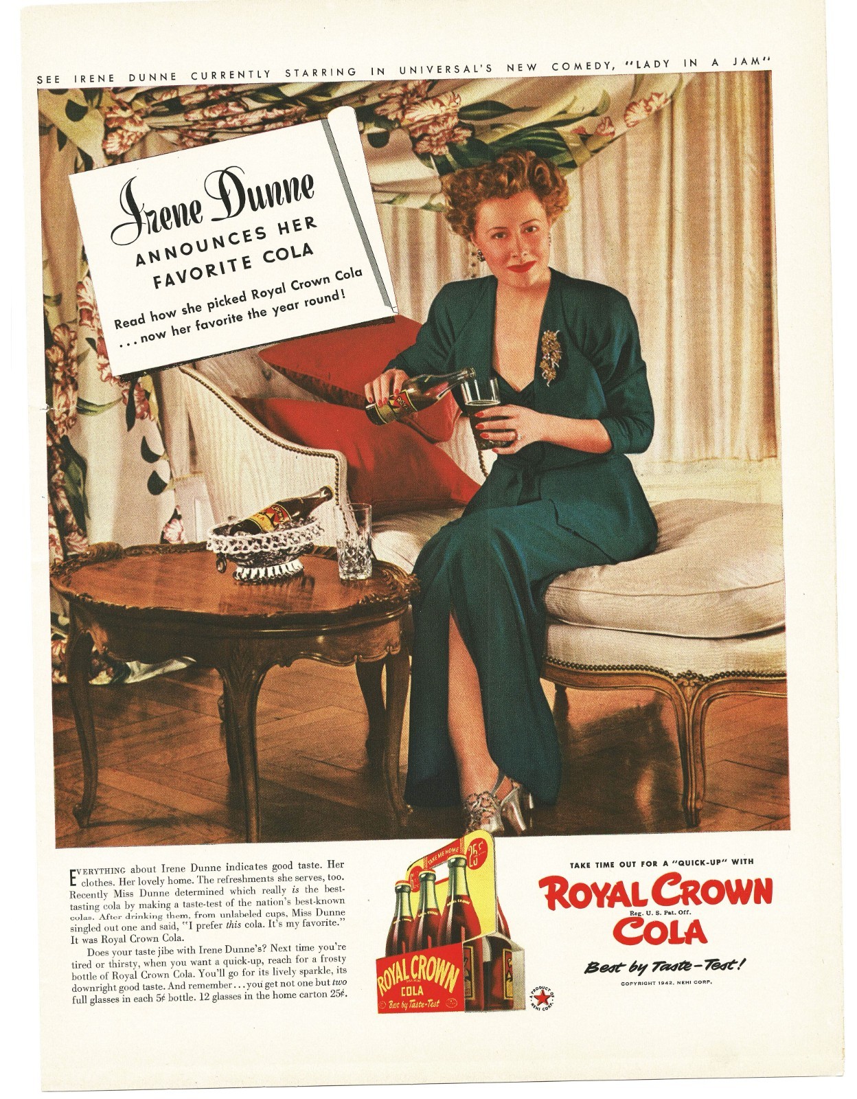 1942 Royal Crown RC Cola Irene Dunne Vintage Print Ad Movie Star 6-pack