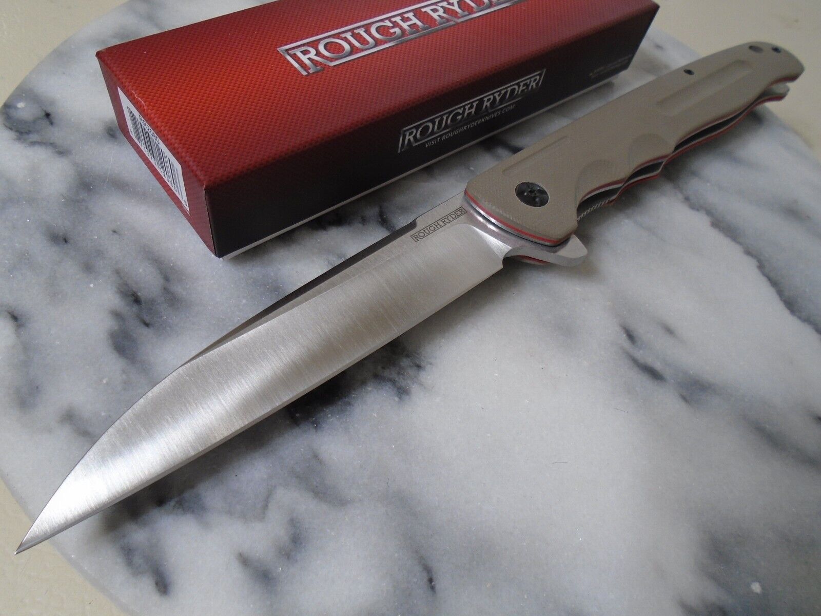 Rough Ryder Bearing Pivot Big Desert Wharncliffe Pocket Knife Tan G10 HCS RR2080