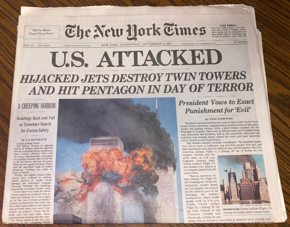 U.S. ATTACKED New York Times NYT Newspaper 9 11 01, Sept 12, 2001 New Condition