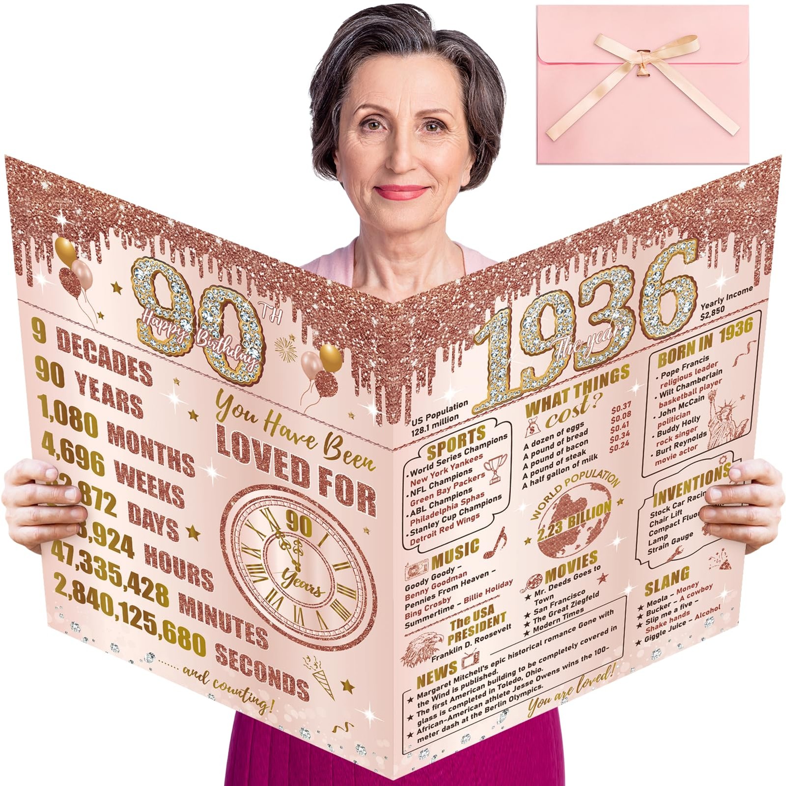 Turypaty Large 90th Birthday Card With Envelope for Girls, Pink Rose Gold The Ye