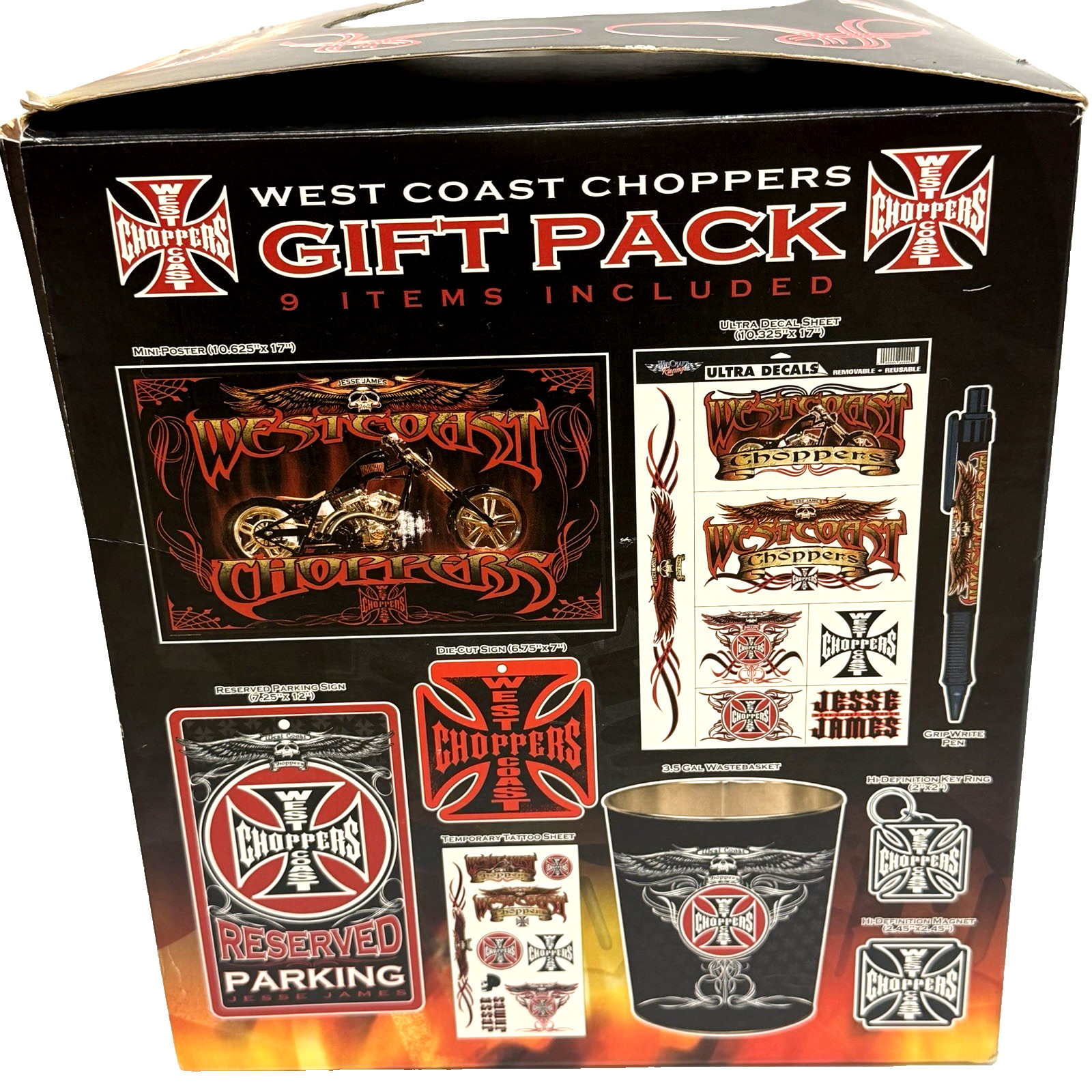 Vtg 2006 West Coast Choppers Jesse James 9 Item Gift Pack New Items Open Box WCC