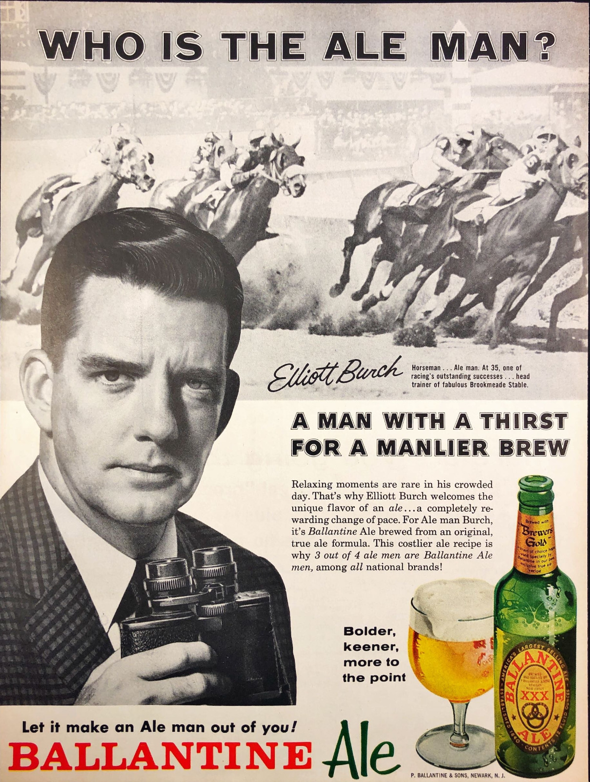 1962 Ballantine Ale Beer Vintage Print Ad Manlier Brew Elliot Burch Horse Racing