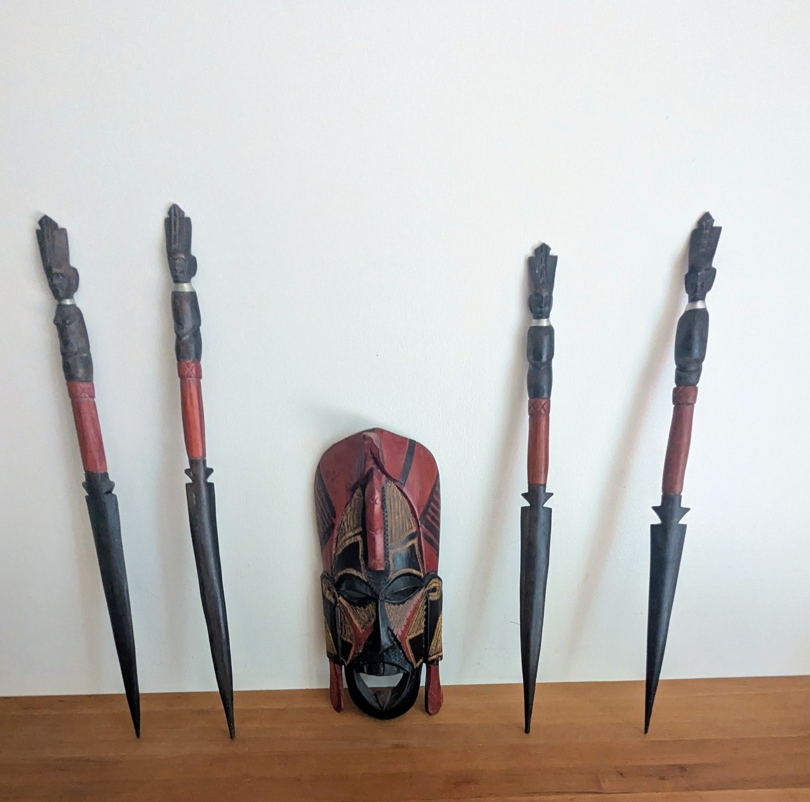 Vintage 1980s Kenya Carved Wood African Mask + 4 Wooden Spears Wall Art Set