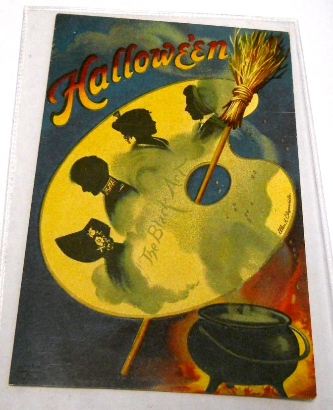 Antique 1910`s HALLOWEEN POSTCARD THE BLACK ART - ELLEN H. CLAPSADDLE, UNPOSTED