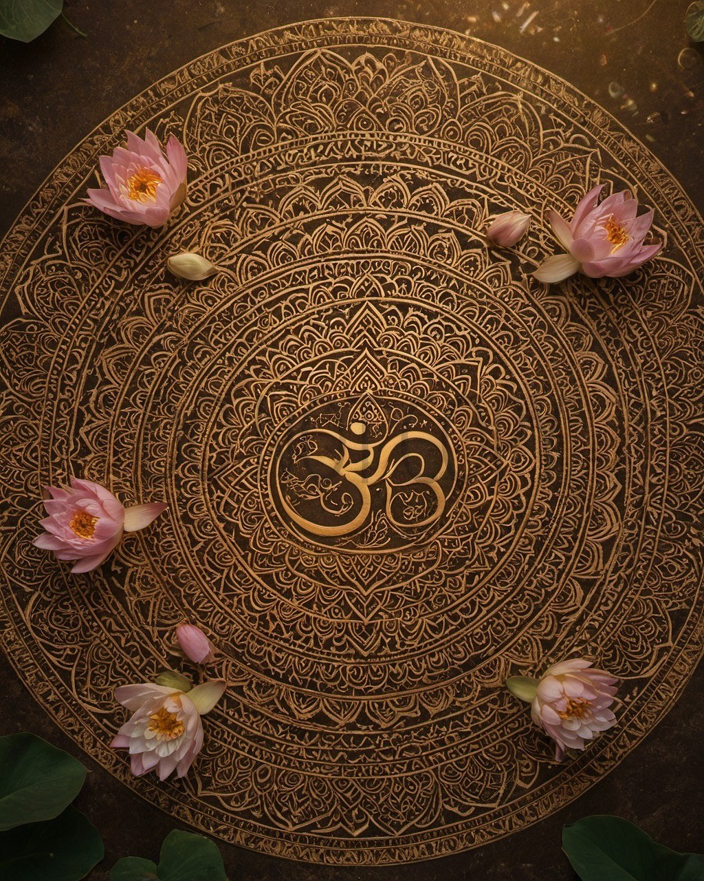 Om Mandala Sacred Lotus Flowers Golden Hindu Spiritual Art Print