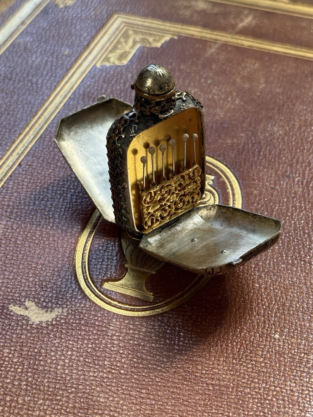 Antique 19th French Necessaire Perfume Bottle, Needle Case & Mirror Combination