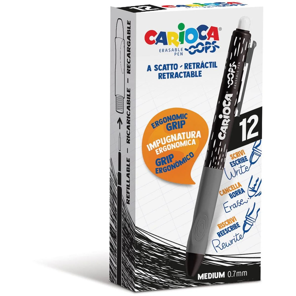 Carioca - Gel Roller Oops, Medium, Erasable, Box of 12, Black
