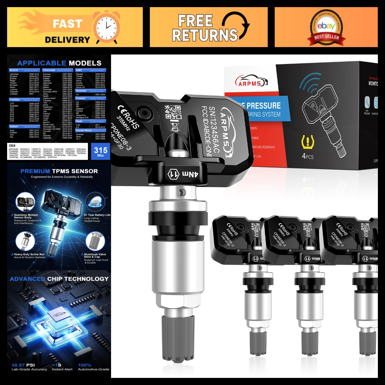 TPMS Sensor GM, Pre-Programmed 315MHz Tire Pressure Sensor Set of 4