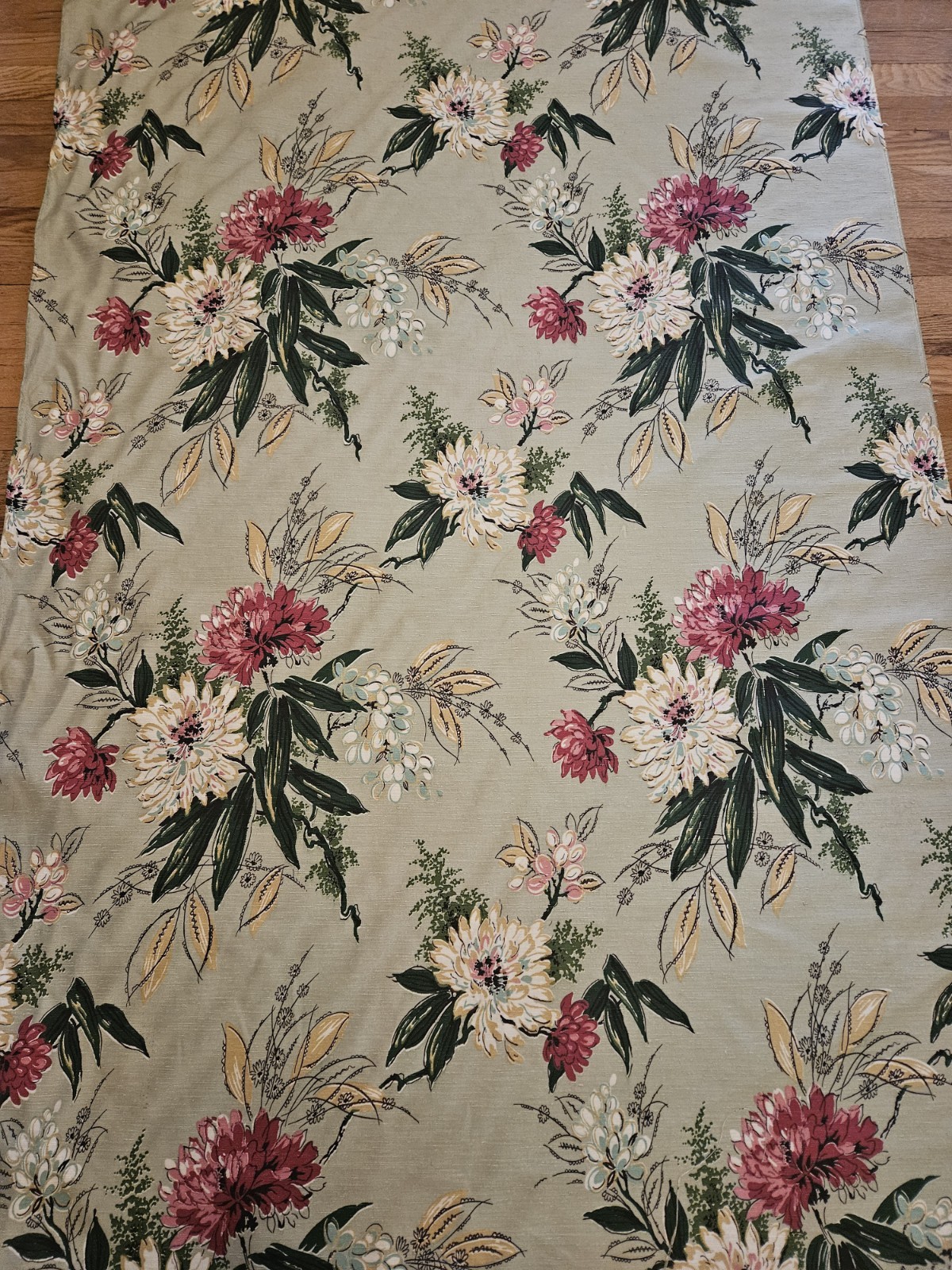 Rare VTG 19 Continuous Yards Barkcloth Era Fabric Green Beige Burgundy Dahlias 