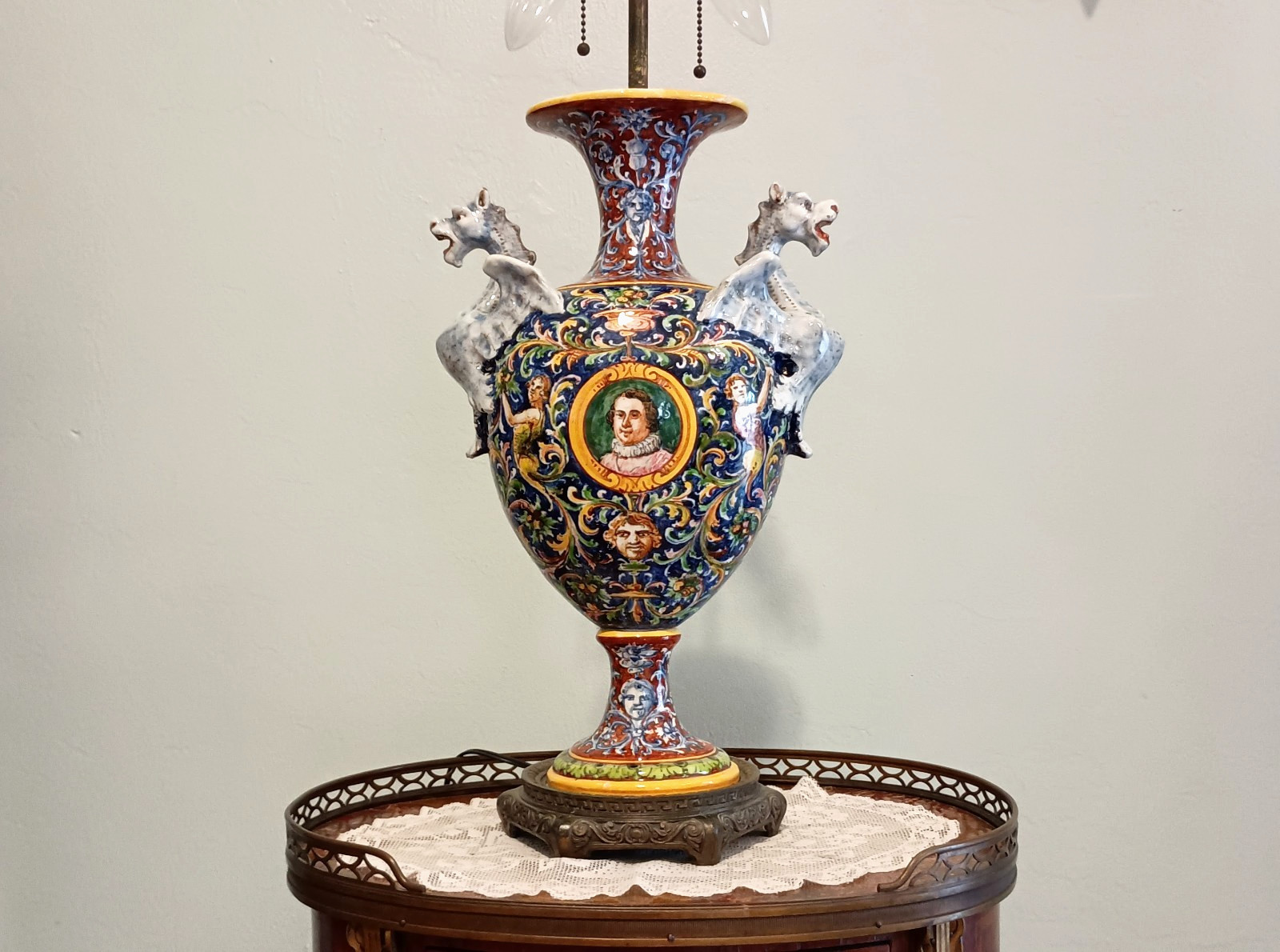 19th c Italian Signed Minghetti Faience Ceramic Majolica Renaissance Vase Lamp