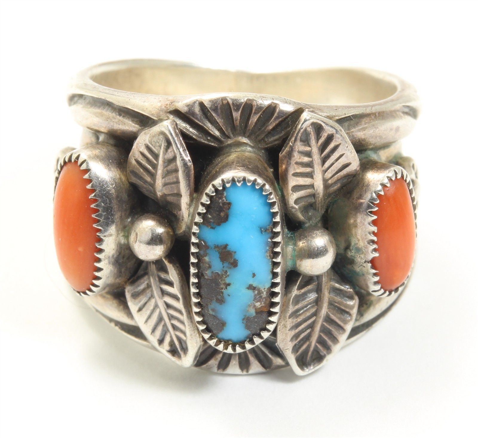 Navajo John Charley Sterling Silver Stamped Turquoise Coral Cigar Band Ring Sz7