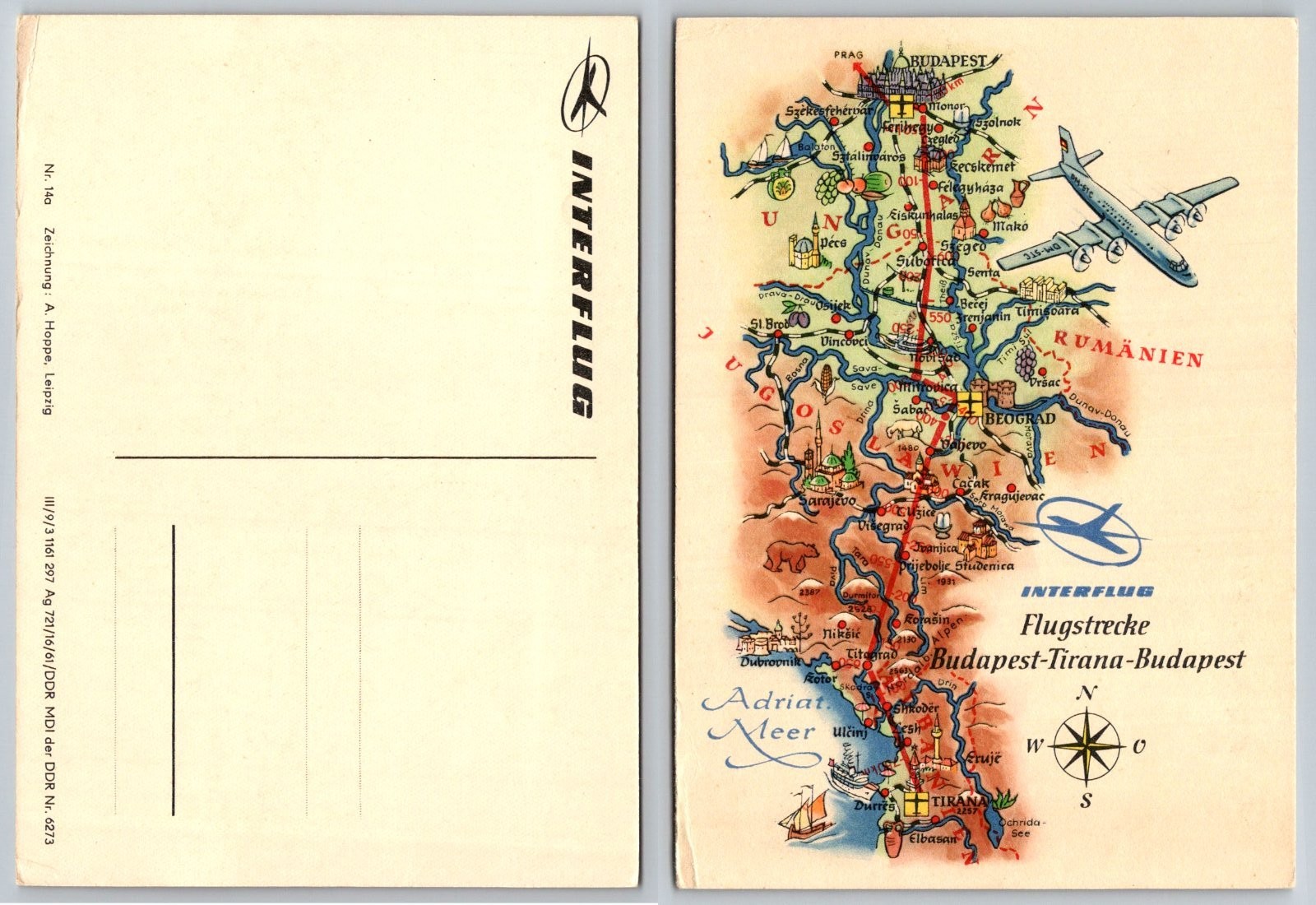 Continental Interflug Budapest Tirana Flight Route Map Airplane Postcard