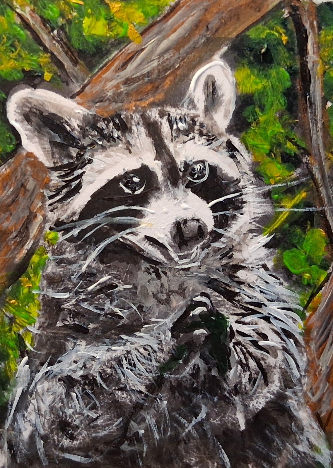 Original ACEO Acrylic Painting Raccoon Backyard Begging Bandit Wildlife