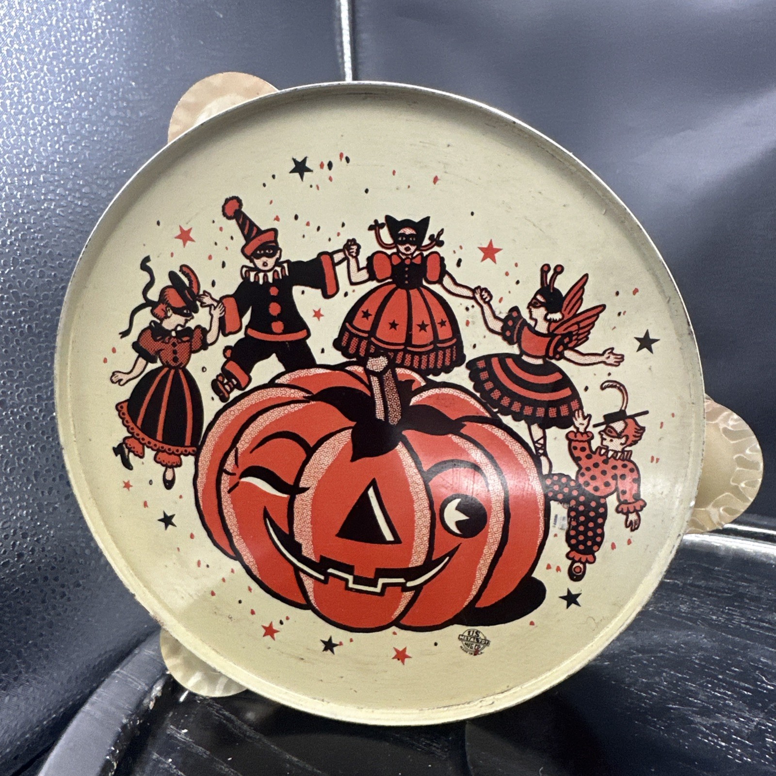 Vintage 1950s US Metal Toy Halloween Tin Litho Tambourine.  Jack-O-Lantern