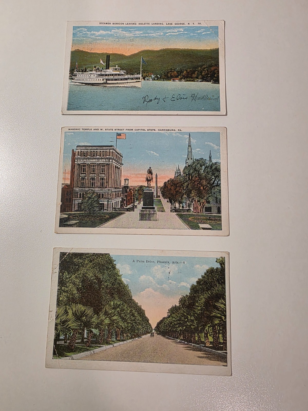 3 Used Antique Postcards - 1924 Lake George N.Y./1923 Harrisburg, PA / 1922 Ariz