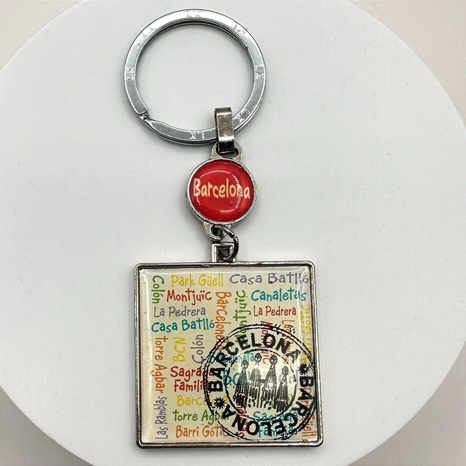Vintage 70s LK Barcelona Spain Souvenir Silver Tone Square Charm Keychain Retro