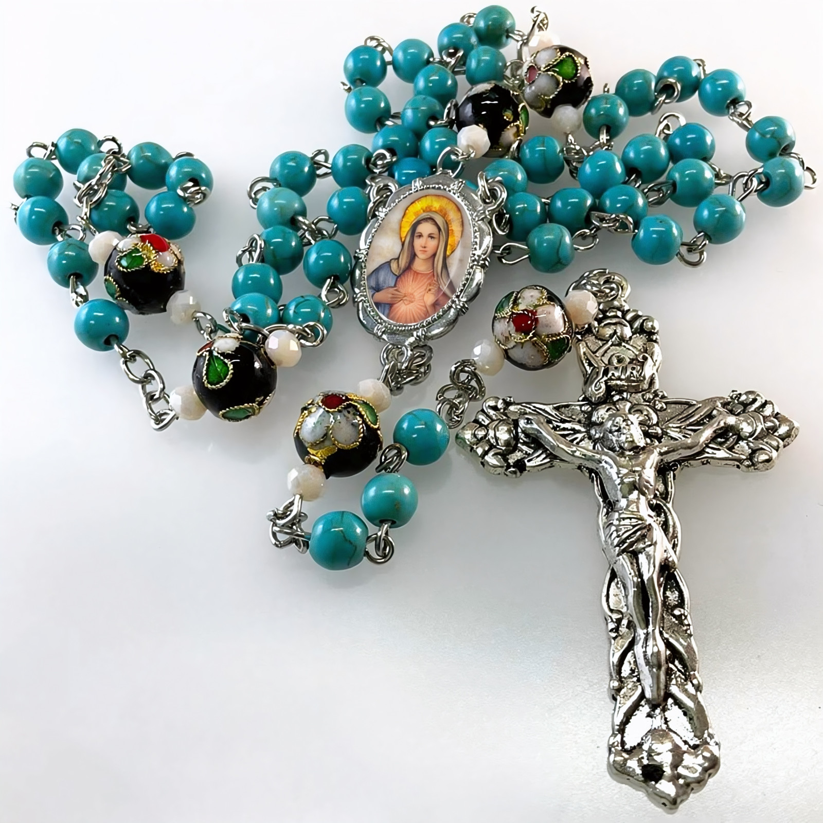 Turquoise Handmade Rosary - Our Lady Immaculate Heart Enamel Flower Beads