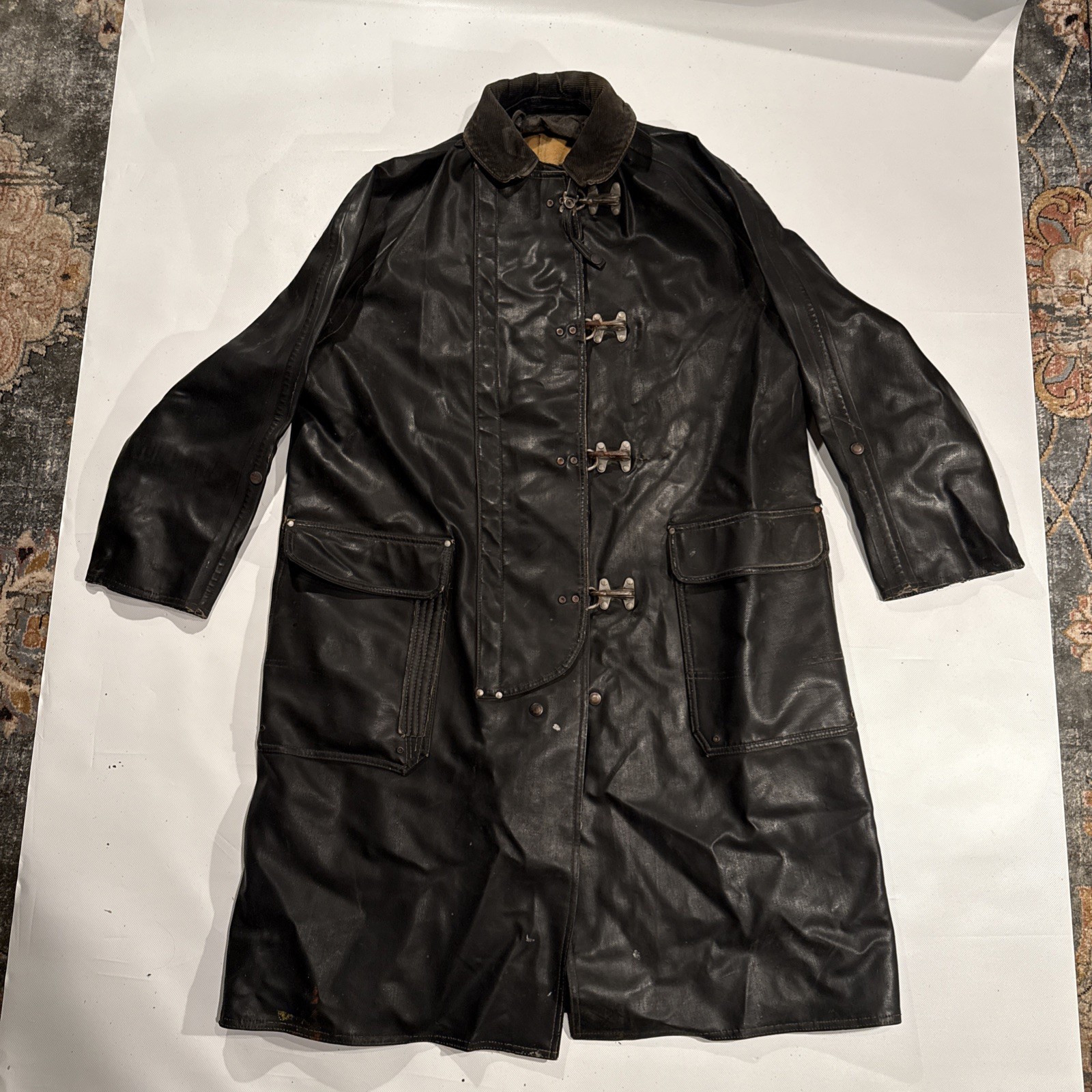 VTG Firefighters Coat Janesville Apparel Wis Rubberized Black Trench Coat 46 24