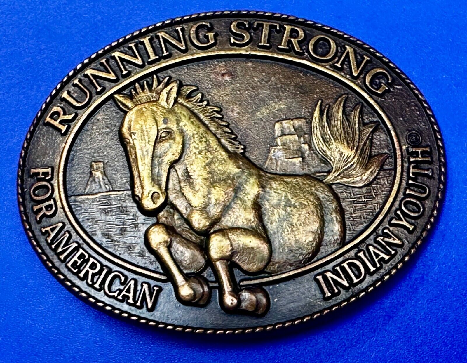 Horse - Running Strong For American Indian Youth Vintage Billy Mills Belt Buckle