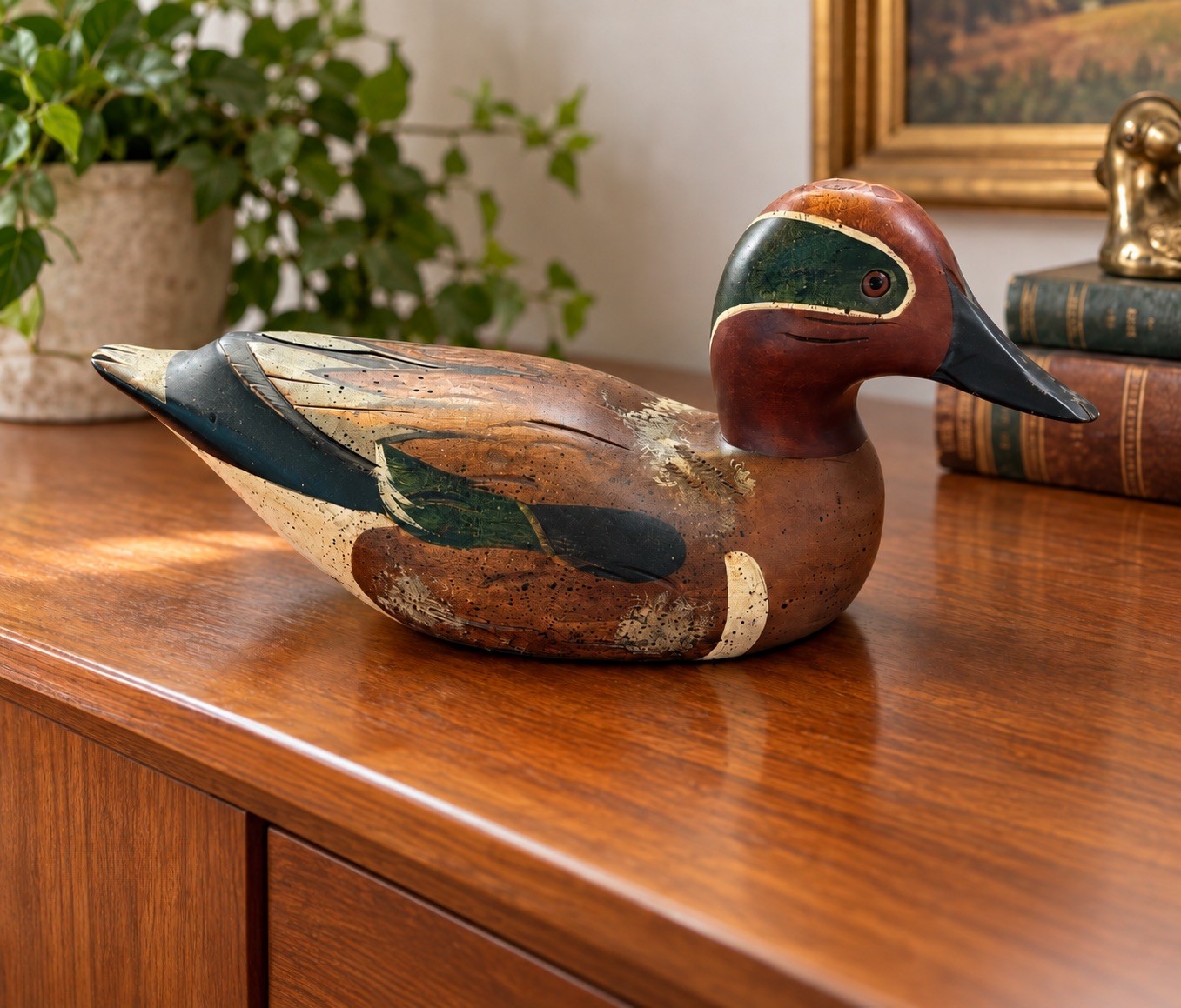 Vintage M. Lewandowski Hand-Carved Green-Winged Teal Duck Decoy – USA 1986