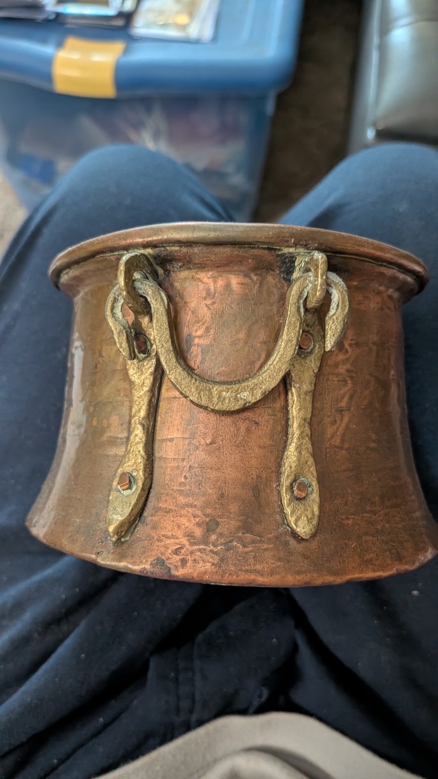 Antique French Small Copper Cauldron with Ring Handles Antique French Small Copper Cauldron with Ring Handles