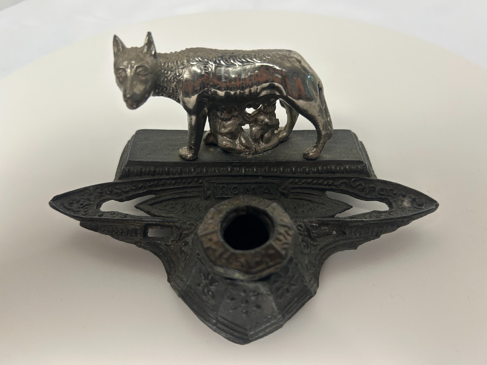 Rare Antique Pewter Capitoline She-Wolf Dual Inkwell Set - Stamped \