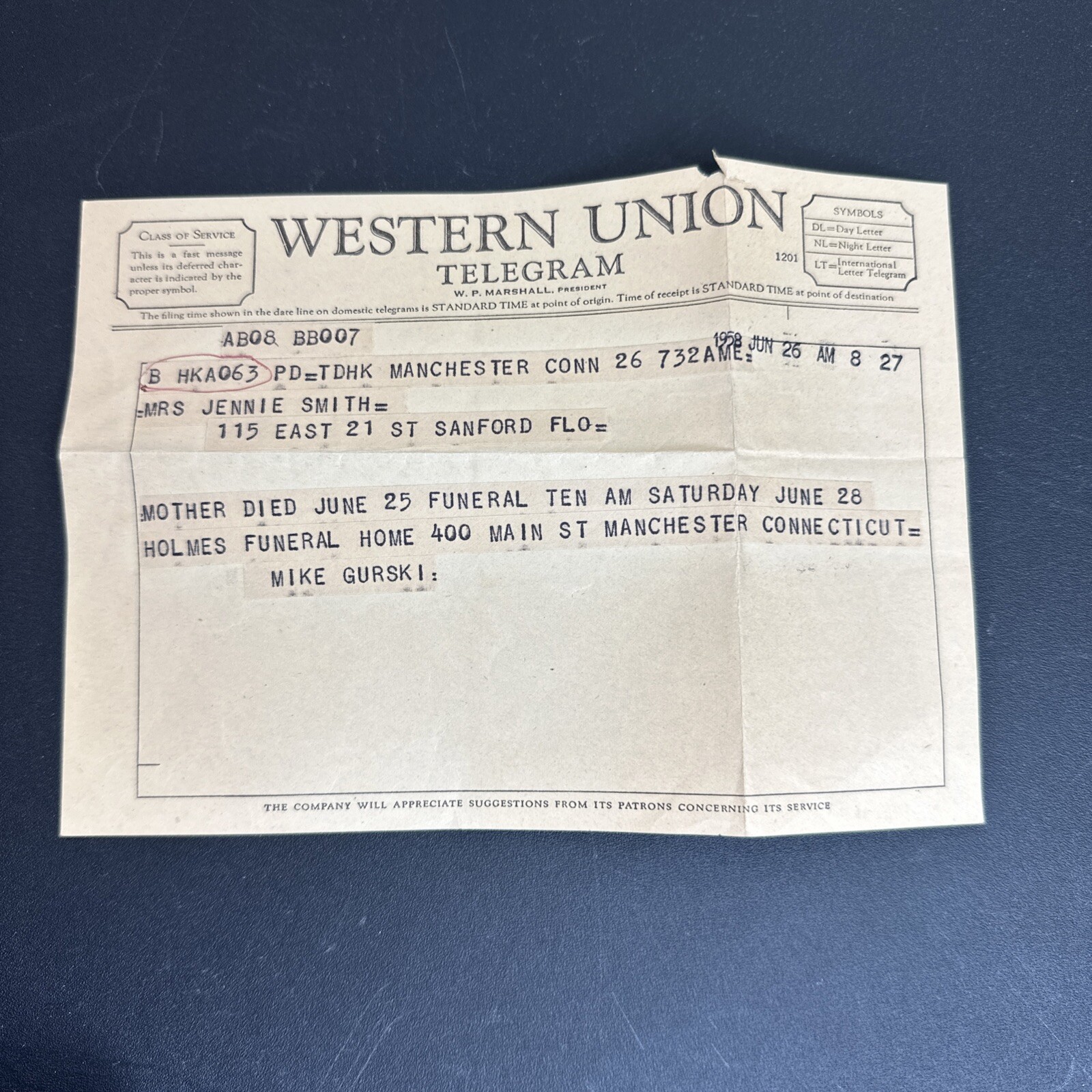 Vtg Western Union Telegram June 1958 “Mother Died”