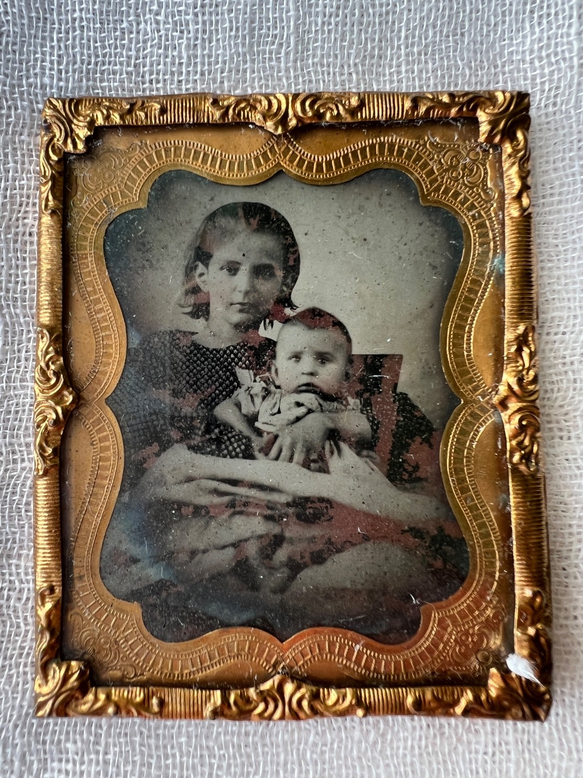 Antique Ambrotype Young Woman & Infant Ninth Plate Hand Tinted c1855-1865