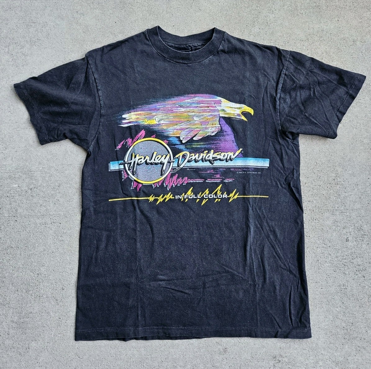 Vtg 1985/90 Harley Davidson Flying Eagle Pastel T-Shirt Large Hanes Oak Park IL