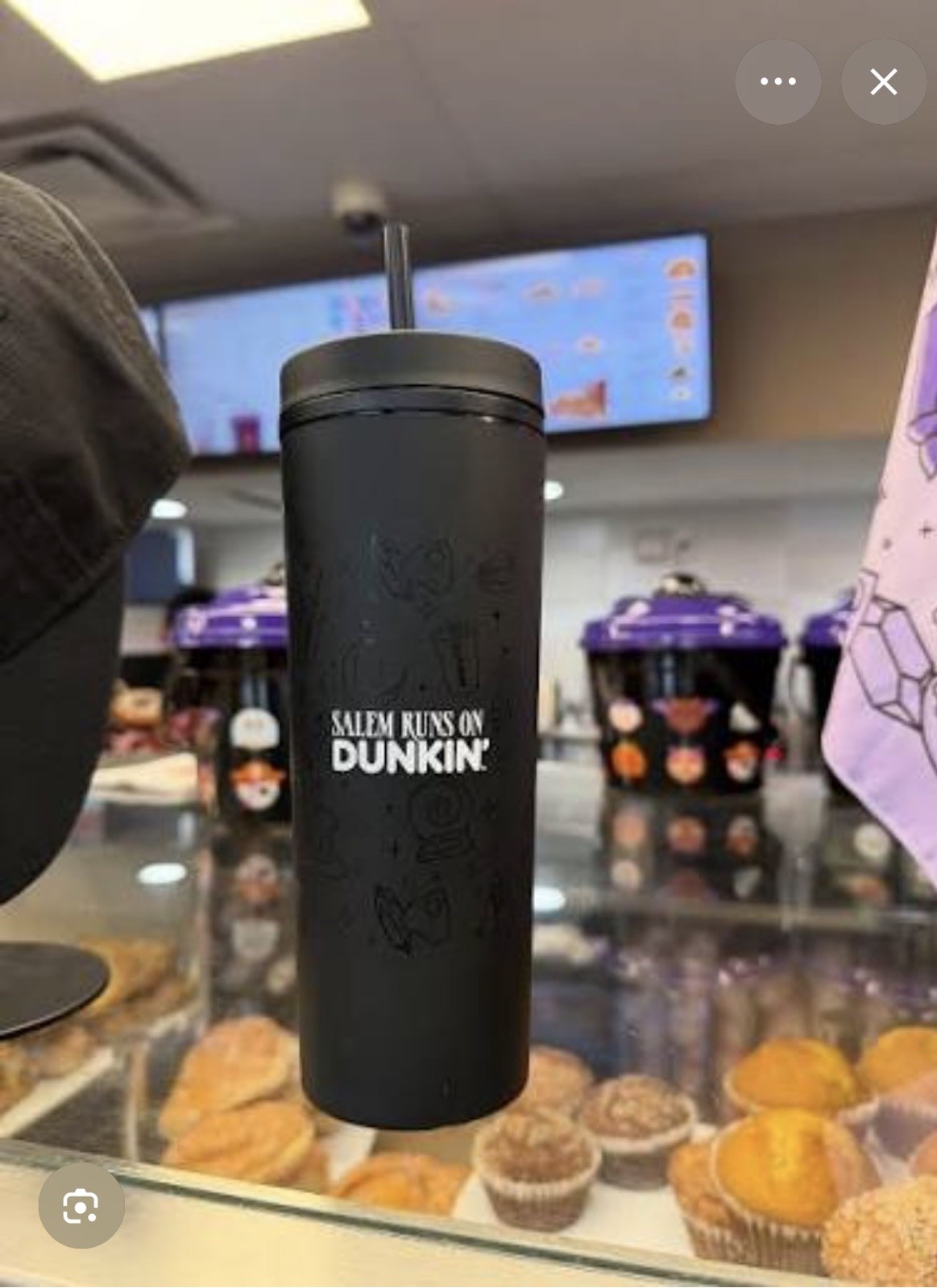 New Salem Runs On Dunkin\' Donuts Black Tumbler Cup 18oz Halloween MA