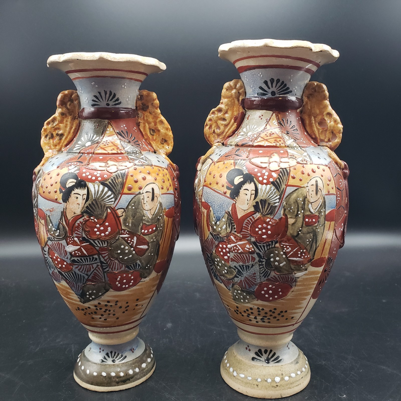Vintage Satsuma Moriage Vase Chinese Pottery Hand  Painted