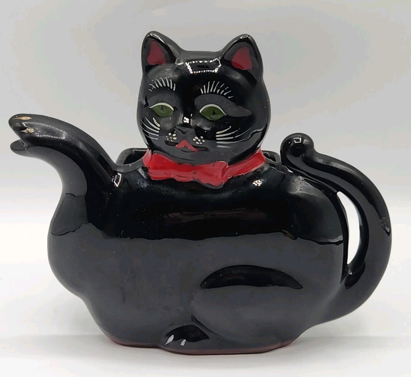 Vintage 1950s Shafford Black Cat Teapot Wall Pocket Red Bow Japan MCM Halloween