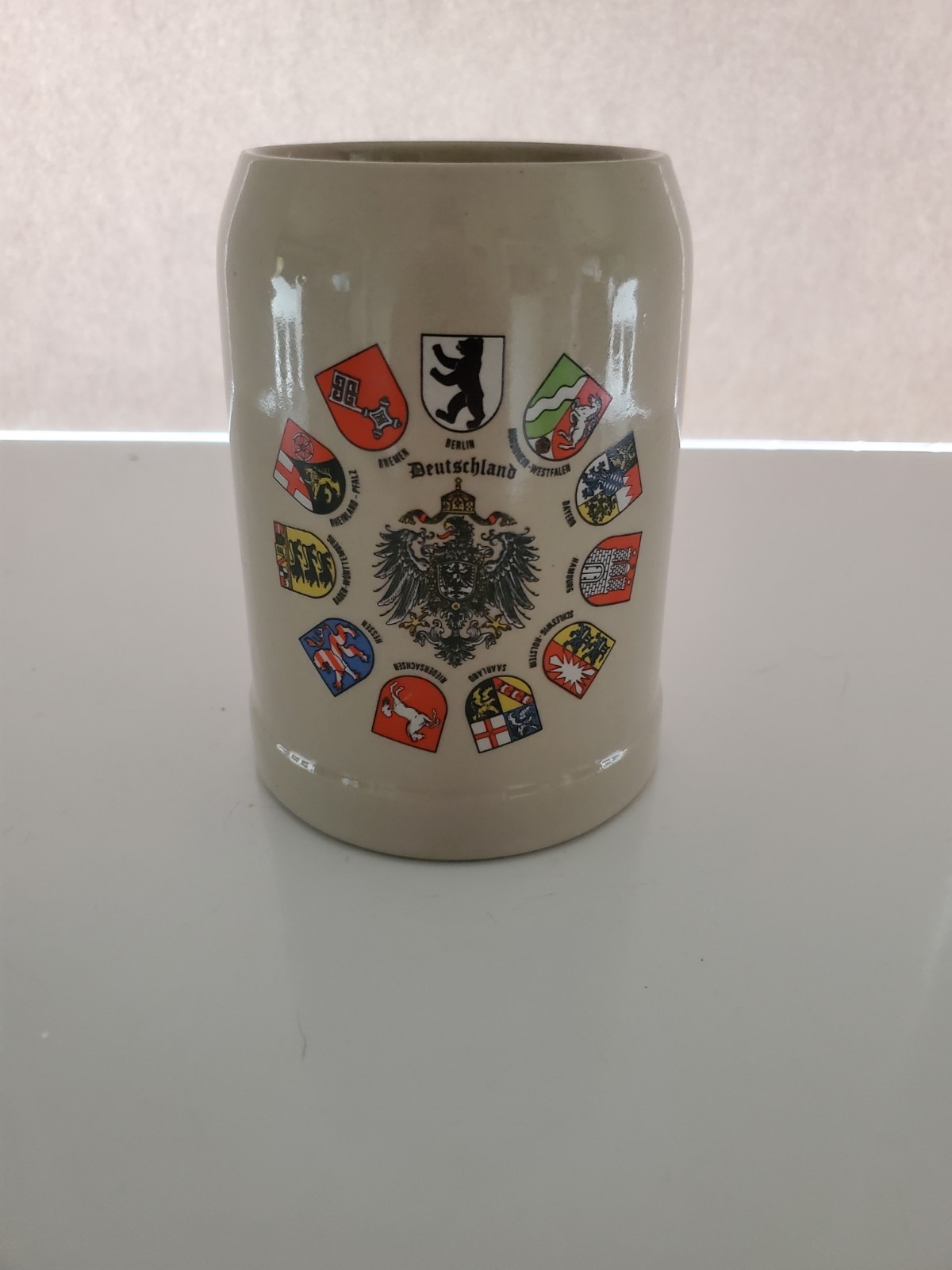 Vintage German Stoneware Beer Stein Mug Deutschland Eagle Coat of Arms Shields