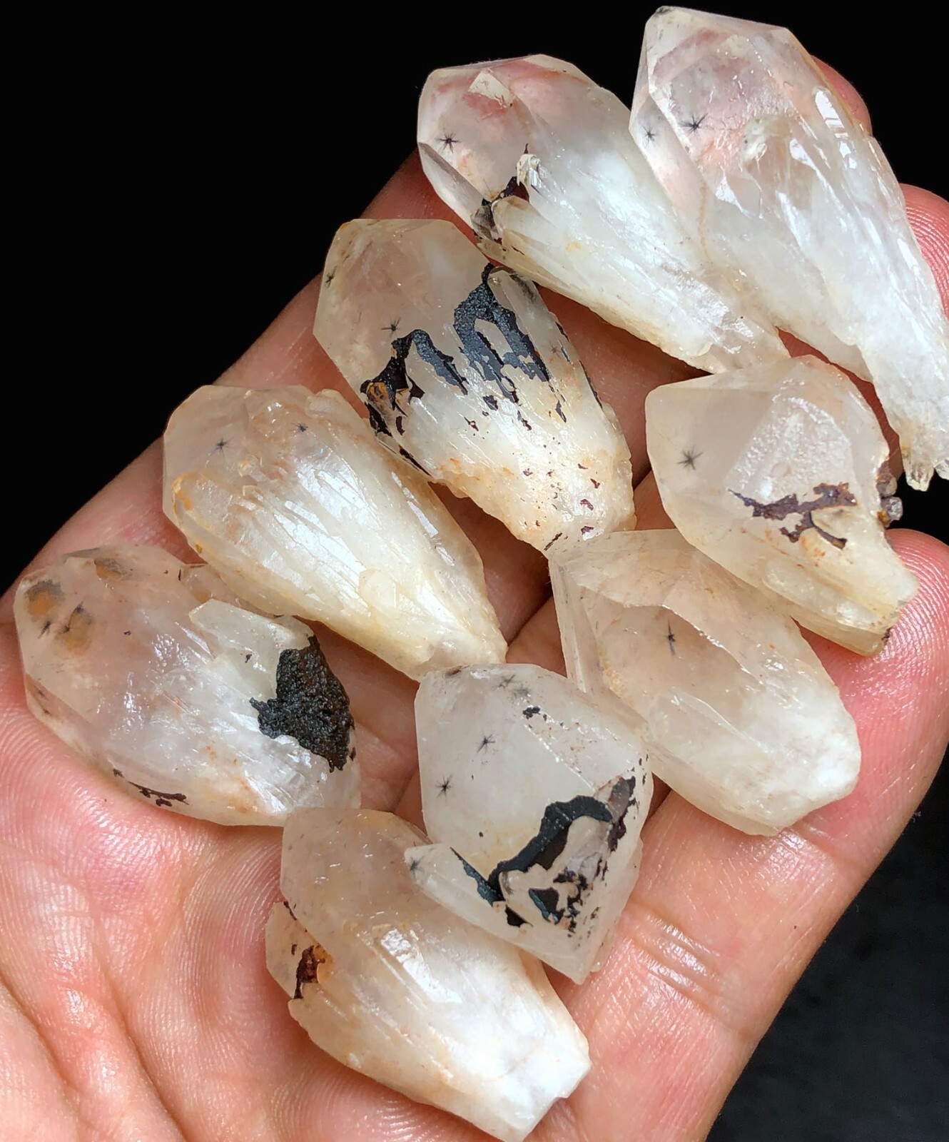 87g 9PCS RARE Natural Hollandite Star Quartz CRYSTAL Point &Trapiche Hair  j338