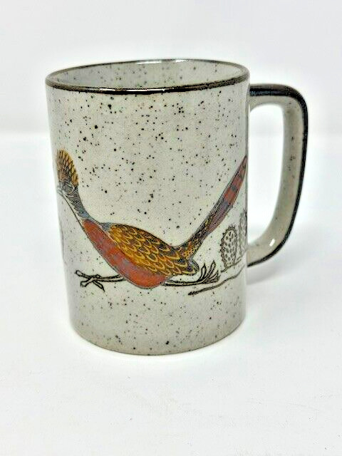 Vintage Otagiri Roadrunner Bird Mug Cup Speckled Stoneware Cactus Desert MCM NOS