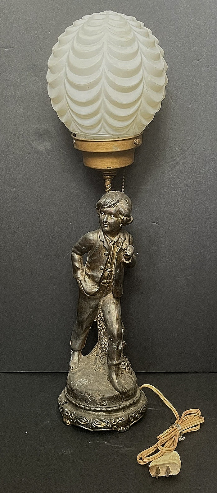 Antique Art Nouveau draped globe shade bronze spelter boy Figural art Table Lamp