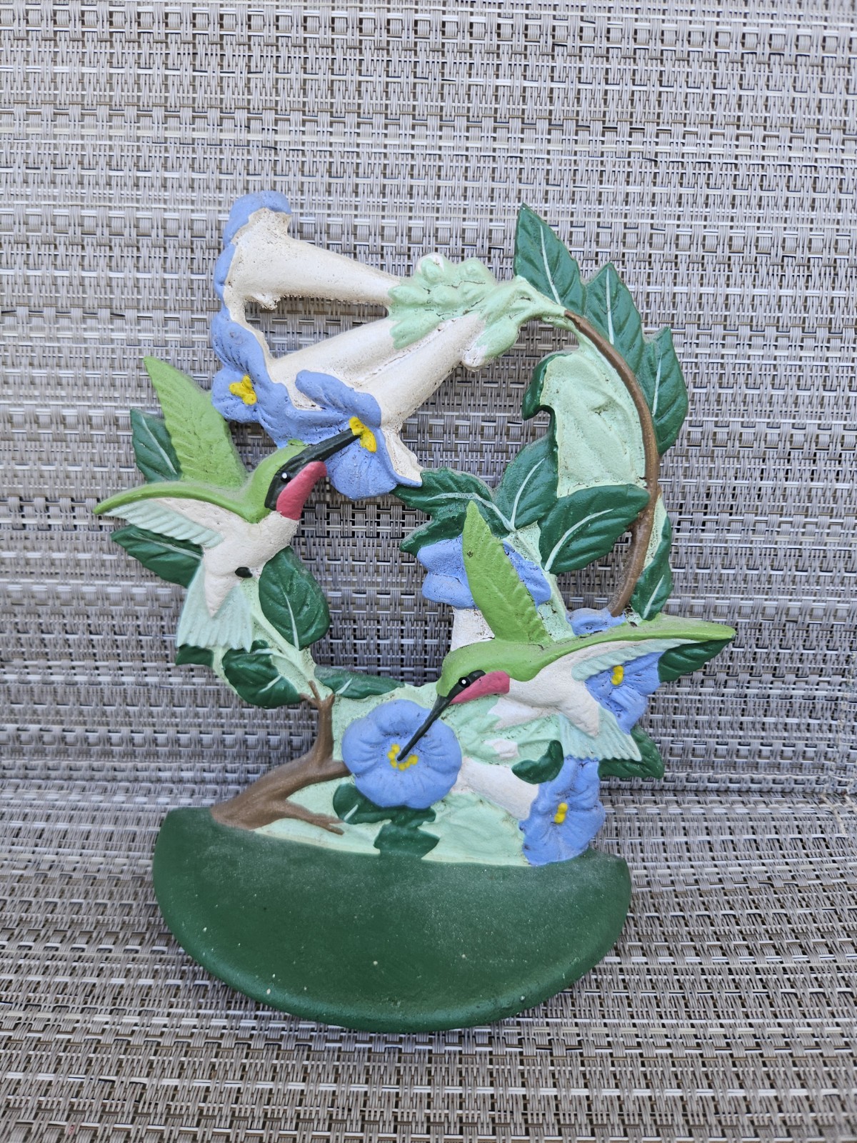 Ruby Throated Hummingbird & Flowers Antique Cast Iron Doorstep c M.I.