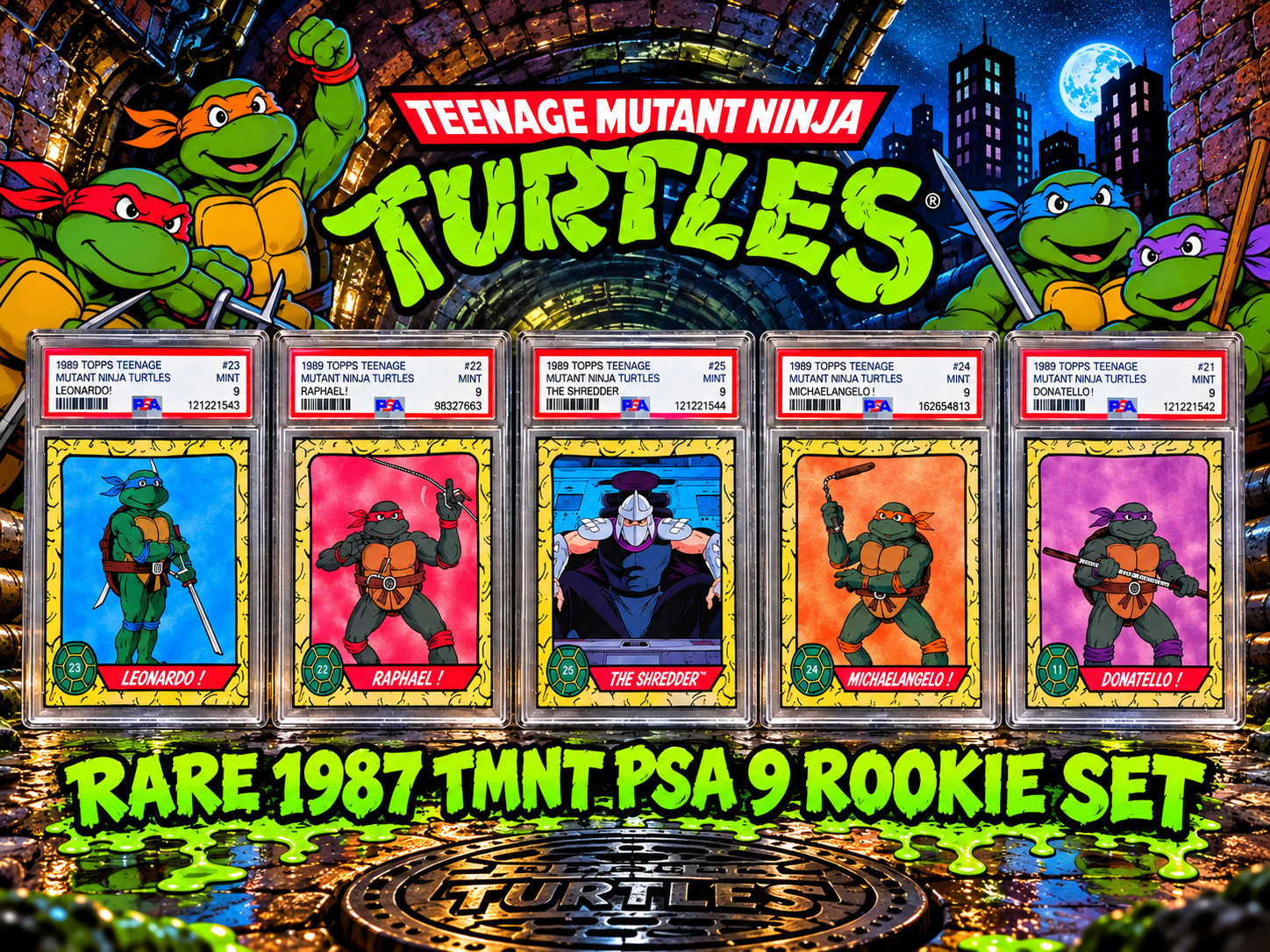 1989 Topps TMNT PSA 9 ROOKIES Leonardo Raphael Donatello Michaelangelo Shredder