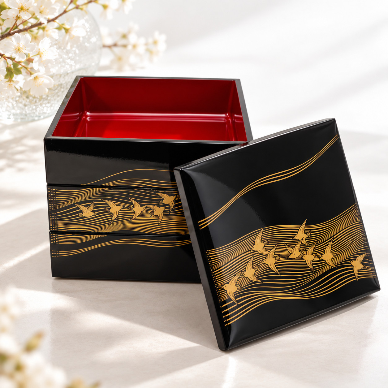 Vintage 1980s Japanese Jubako 3 Tier Lacquer Bento Box Gold Birds Waves Mint 5x5