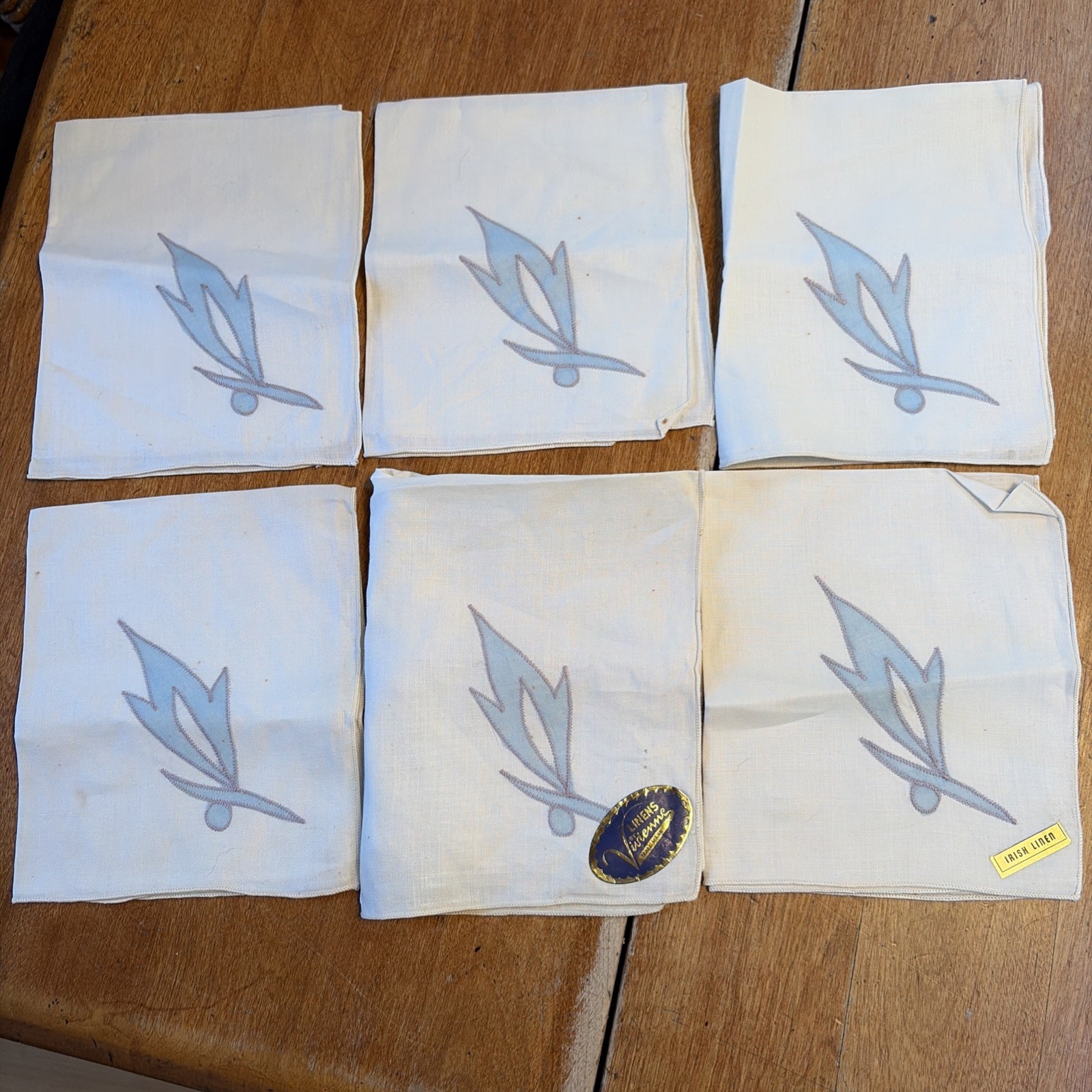 Vintage Set Of Six Blue Leaf Appliqué Embroidered 100% Irish Linen Napkins. NOS