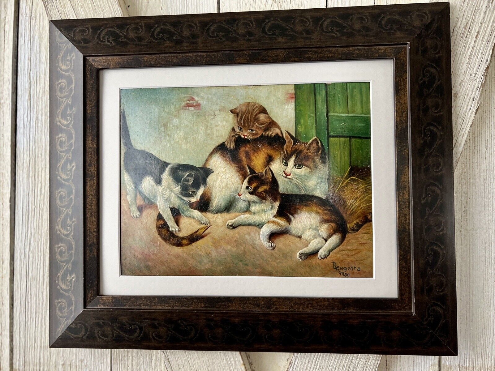 Antique Mother Cat W/ Kittens Oil Painting on Board 1930. Framed To 18”x11.5”