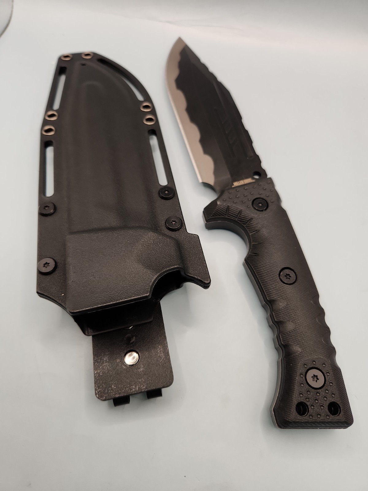 NEW Miller Bros Blades M-29 Fixed Blade Black Handle Splatter Etch Black Sheath
