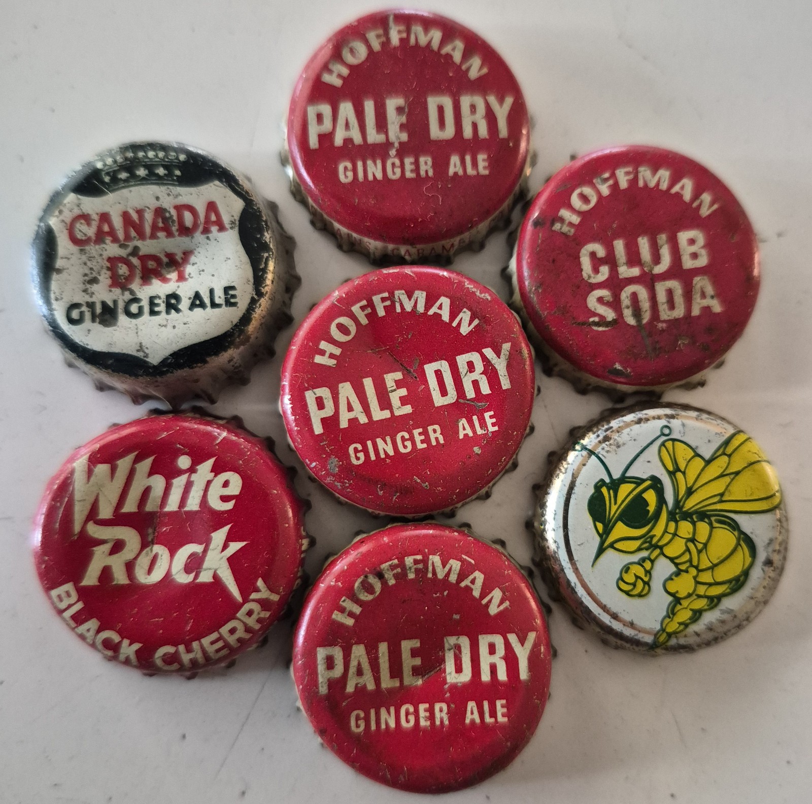 7 Vintage Soda Bottle Caps Crowns Canada Dry White Rock Hoffman Pale Dry Wasp