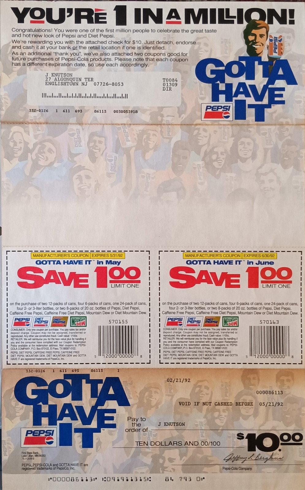 1992 Pepsi Gotta Have It Appreciation $10 Check and Coupons, One of the First