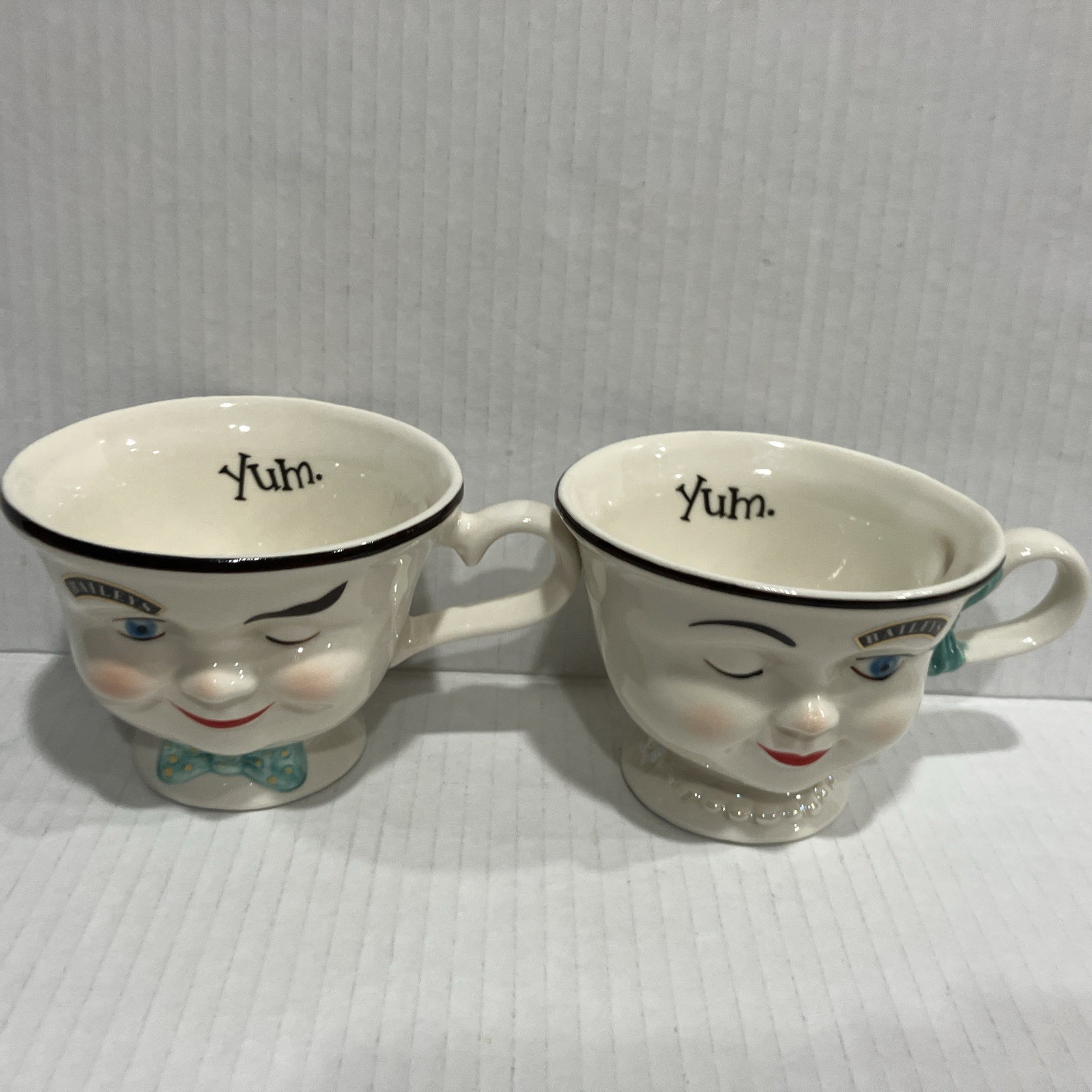Vintage 1996 Baileys Irish Cream Mr & Mrs Yum Winking Face Mugs Cups Set 2