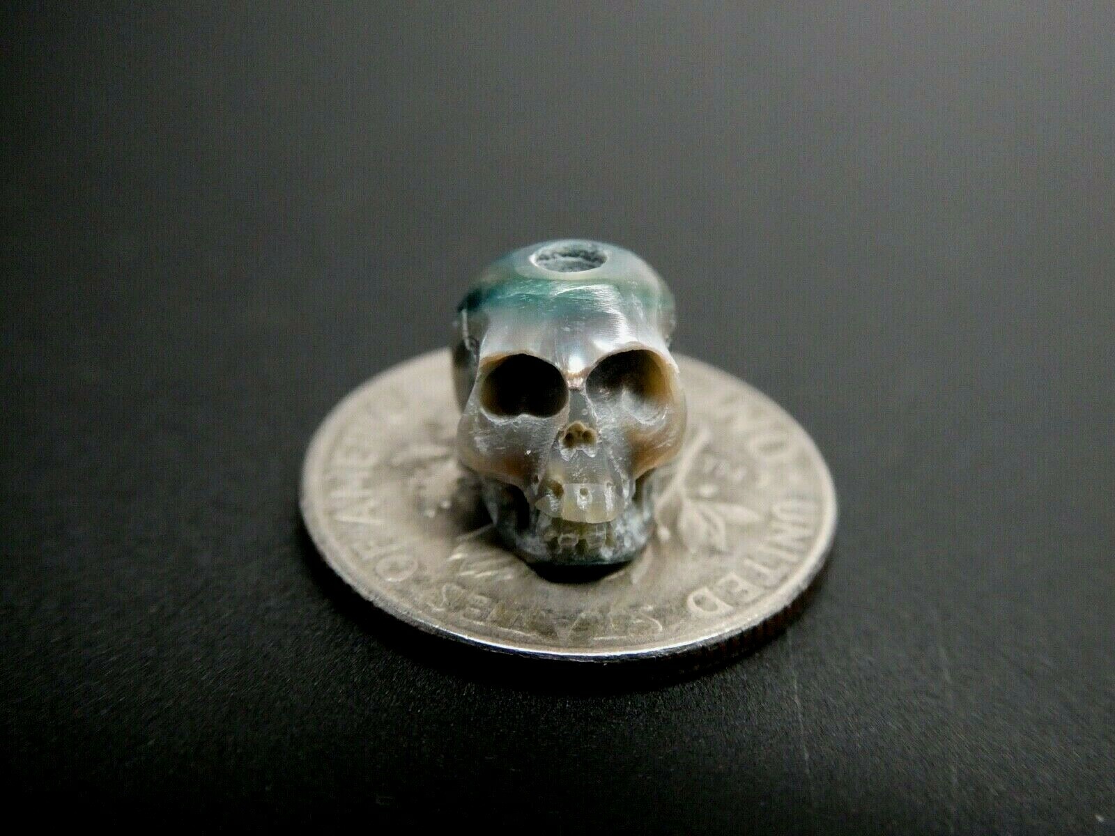 Skull Bead Rare Intricate Detail Hand Carved Blue Genuine Pearl Large Hole Bead