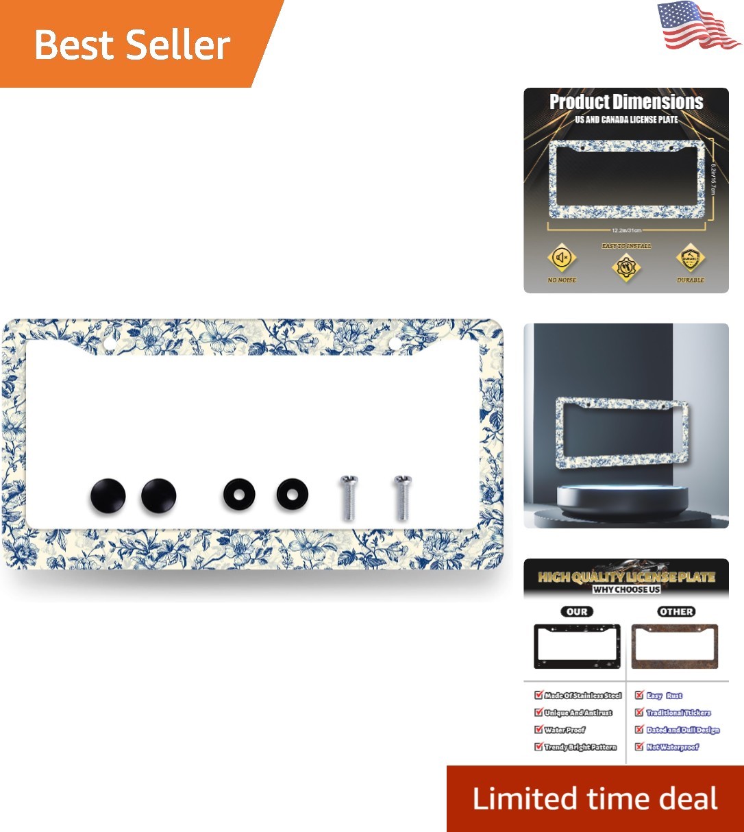 Elegant Vintage Floral License Plate Frame - 12.3 x 6.3 Inch Durable Steel Charm